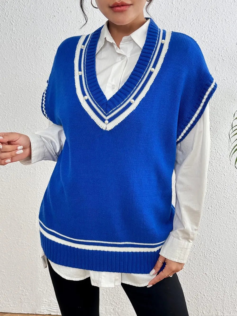 Pearl Trim Contrast V - Neck Sweater Vest - Bela Fils BoutiqueBela Fils Boutique