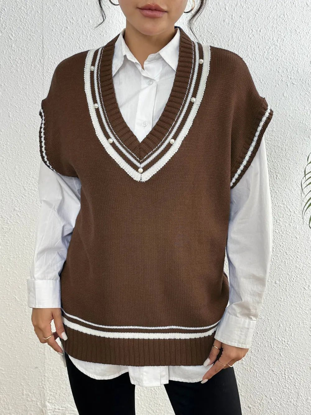 Pearl Trim Contrast V - Neck Sweater Vest - Bela Fils BoutiqueBela Fils Boutique