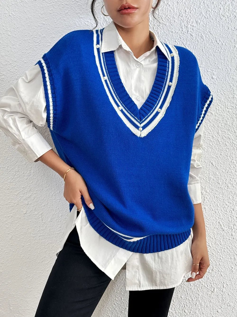 Pearl Trim Contrast V - Neck Sweater Vest - Bela Fils BoutiqueBela Fils Boutique
