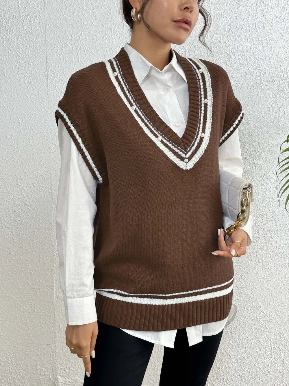 Pearl Trim Contrast V - Neck Sweater Vest - Bela Fils BoutiqueBela Fils Boutique