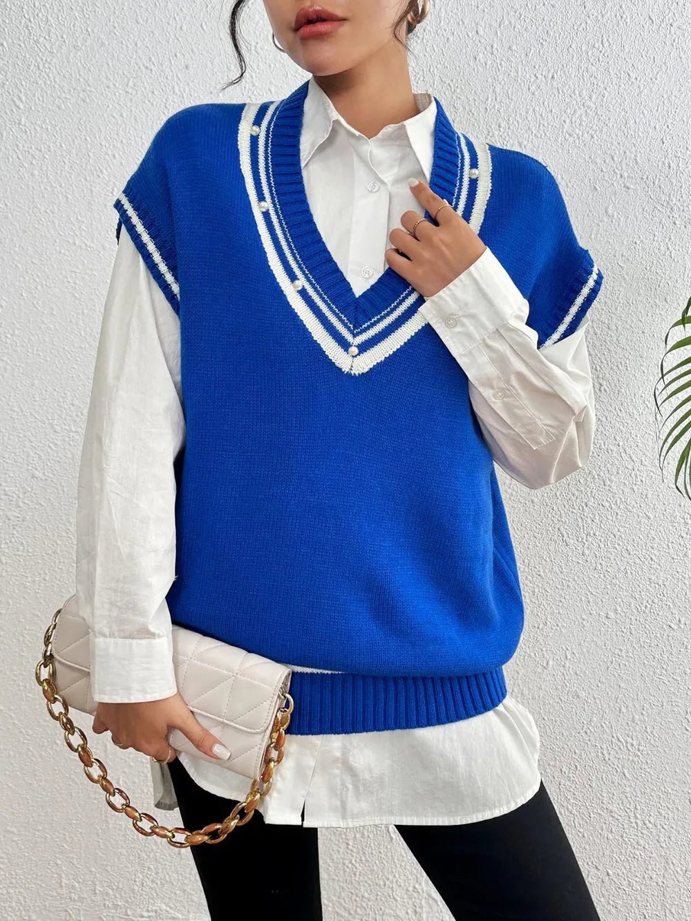 Pearl Trim Contrast V - Neck Sweater Vest - Bela Fils BoutiqueBela Fils Boutique