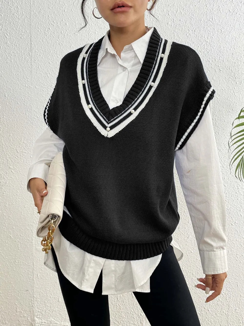 Pearl Trim Contrast V - Neck Sweater Vest - Bela Fils BoutiqueBela Fils Boutique