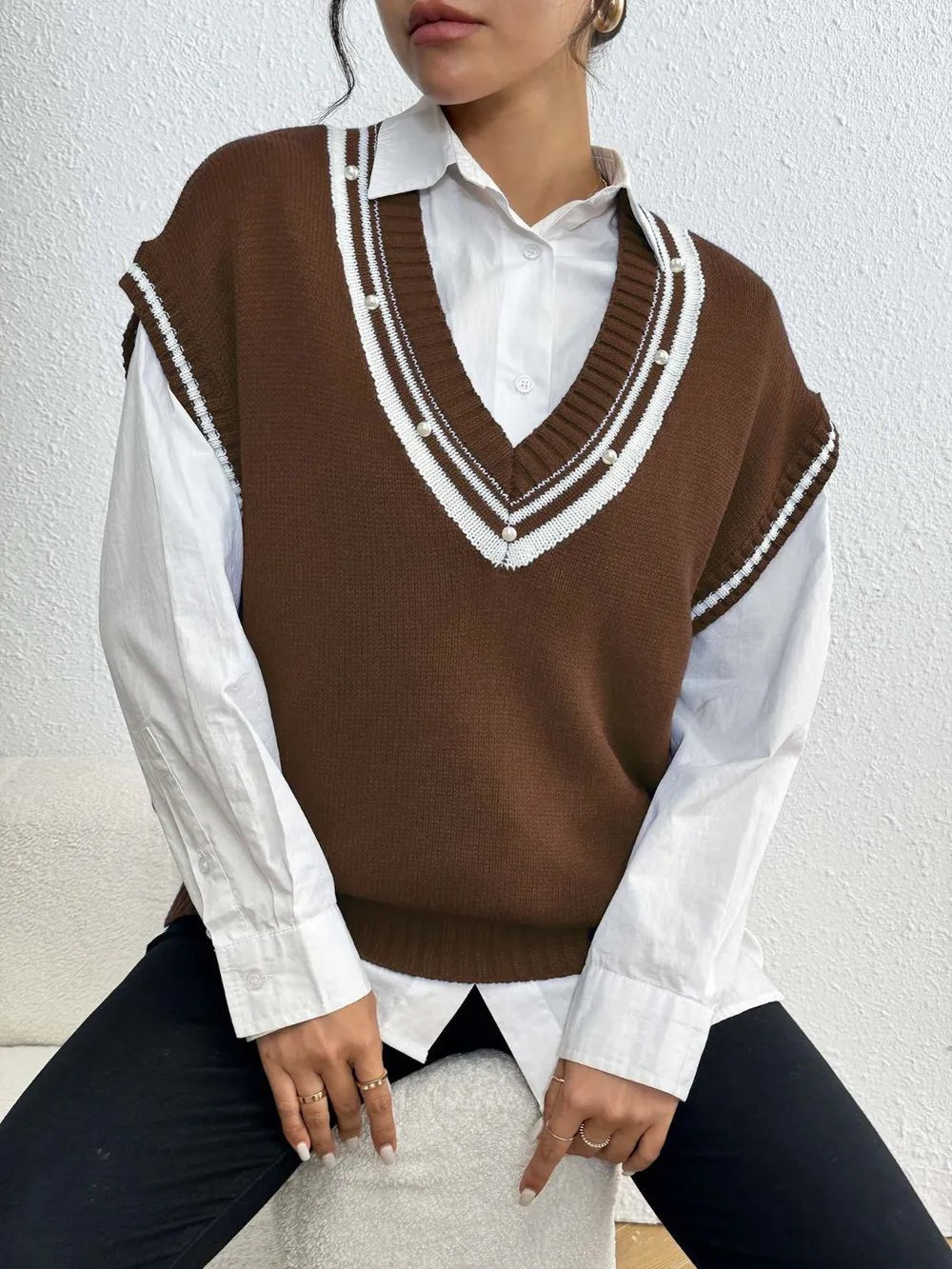 Pearl Trim Contrast V - Neck Sweater Vest - Bela Fils BoutiqueBela Fils Boutique