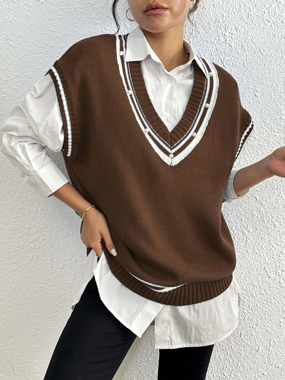 Pearl Trim Contrast V - Neck Sweater Vest - Bela Fils BoutiqueBela Fils Boutique