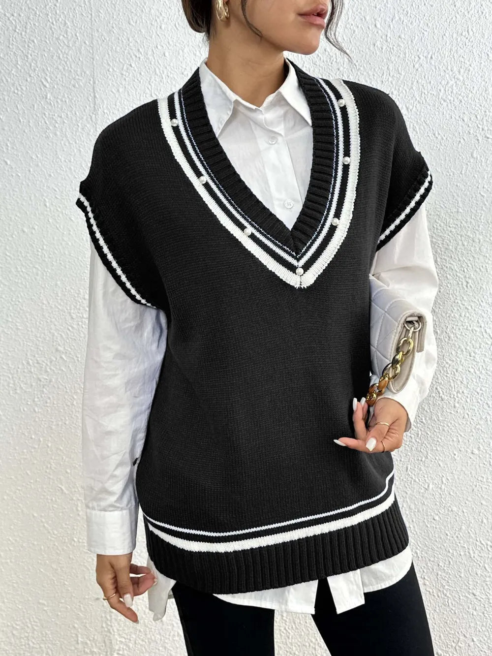 Pearl Trim Contrast V - Neck Sweater Vest - Bela Fils BoutiqueBela Fils Boutique