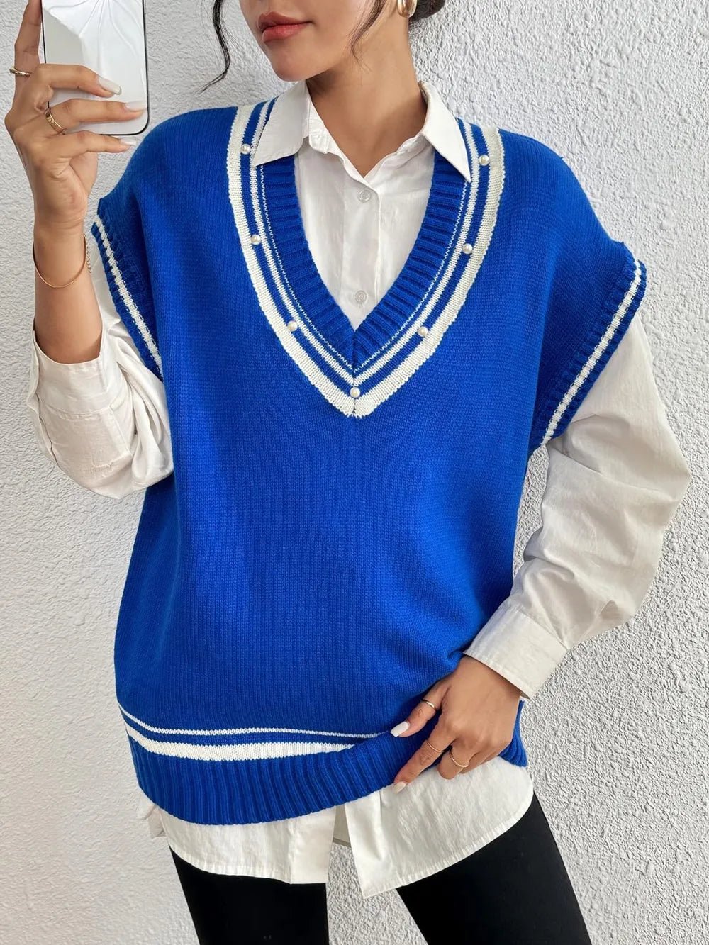 Pearl Trim Contrast V - Neck Sweater Vest - Bela Fils BoutiqueBela Fils Boutique