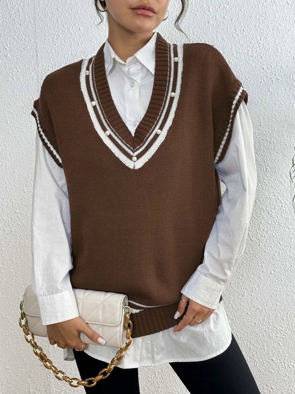 Pearl Trim Contrast V - Neck Sweater Vest - Bela Fils BoutiqueBela Fils Boutique