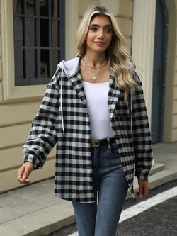 Plaid Button Up Long Sleeve Drawstring Hooded Jacket - Bela Fils BoutiqueBela Fils Boutique