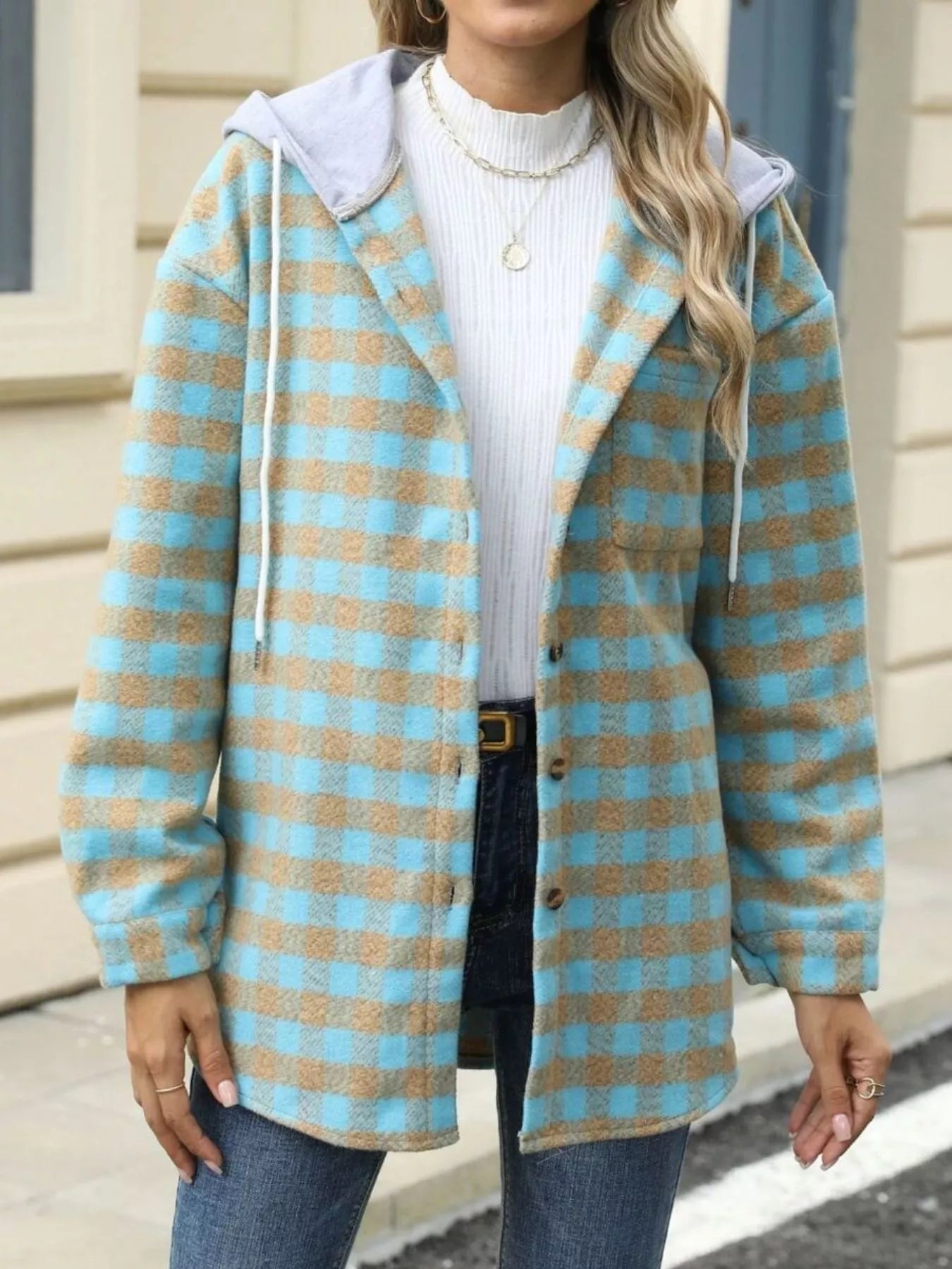Plaid Button Up Long Sleeve Drawstring Hooded Jacket - Bela Fils BoutiqueBela Fils Boutique