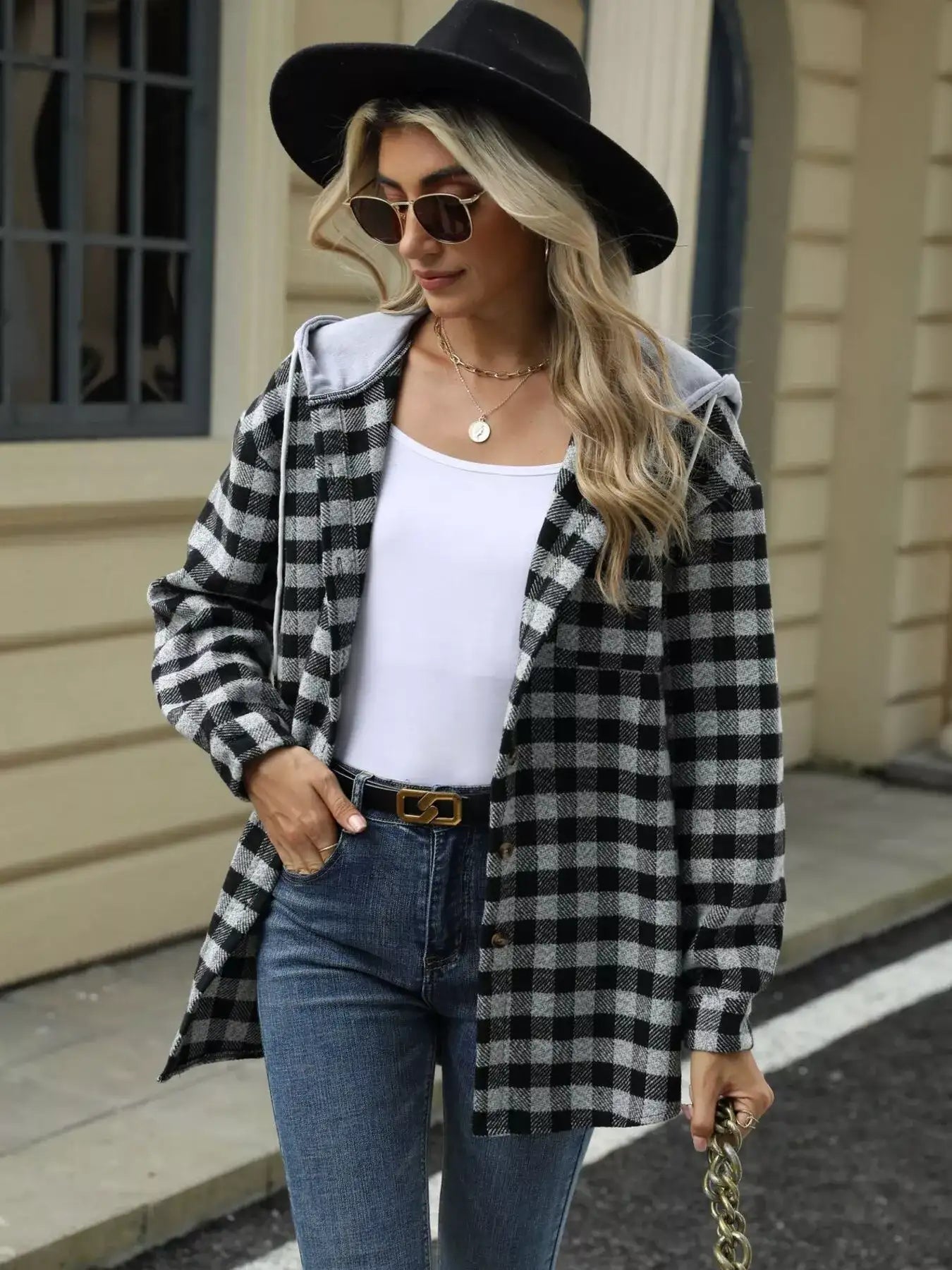 Plaid Button Up Long Sleeve Drawstring Hooded Jacket - Bela Fils BoutiqueBela Fils Boutique