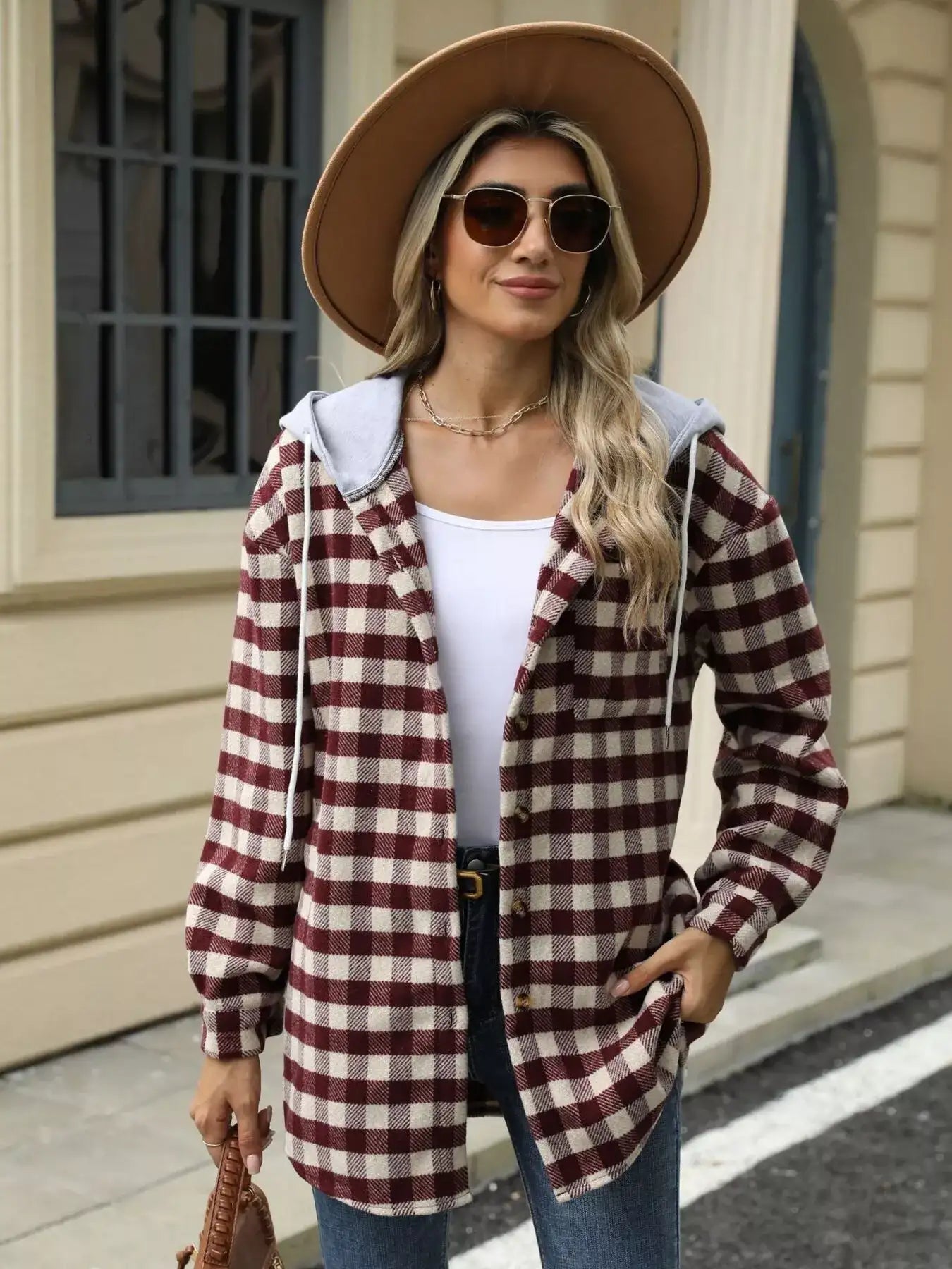 Plaid Button Up Long Sleeve Drawstring Hooded Jacket - Bela Fils BoutiqueBela Fils Boutique