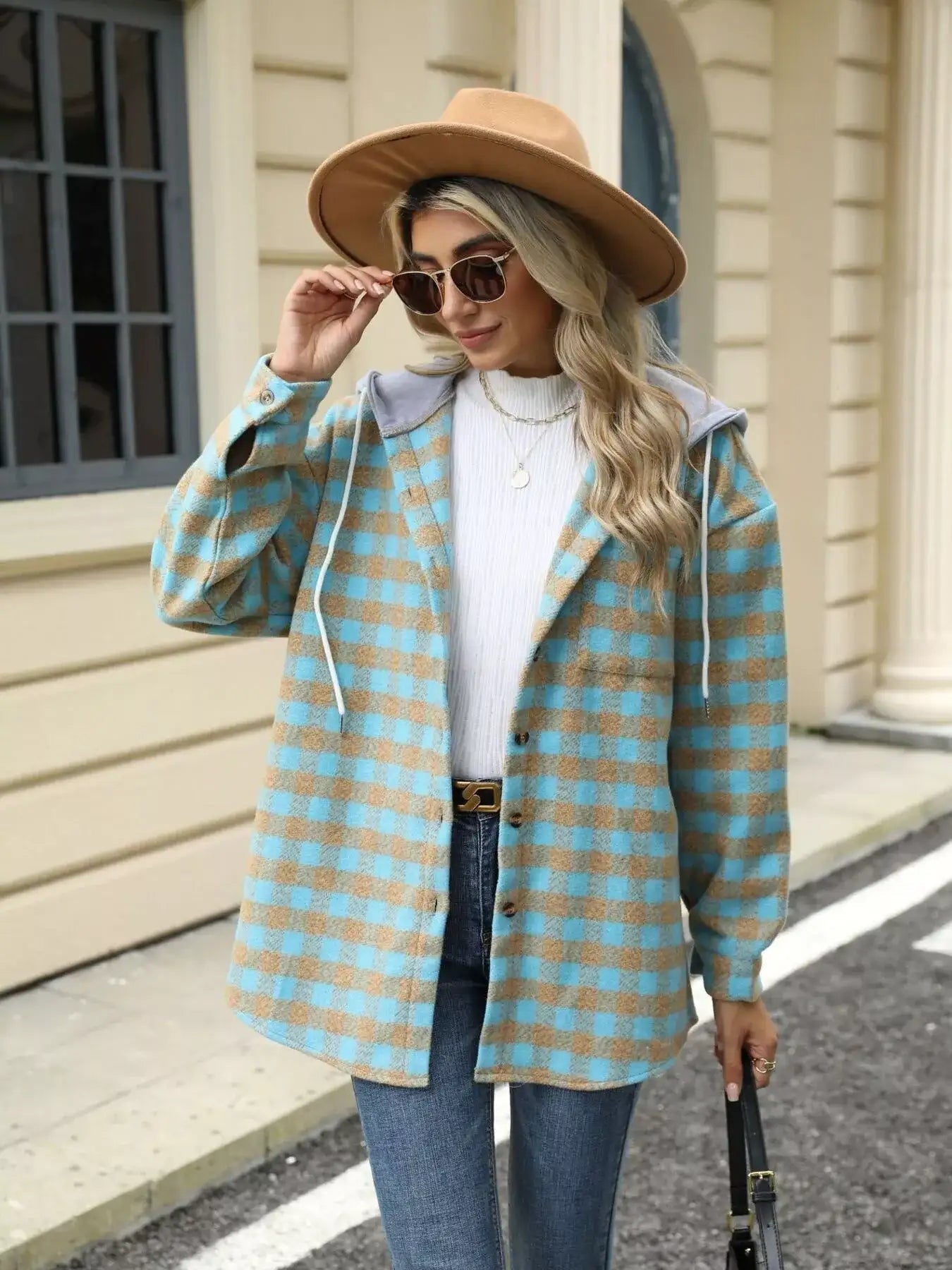 Plaid Button Up Long Sleeve Drawstring Hooded Jacket - Bela Fils BoutiqueBela Fils Boutique