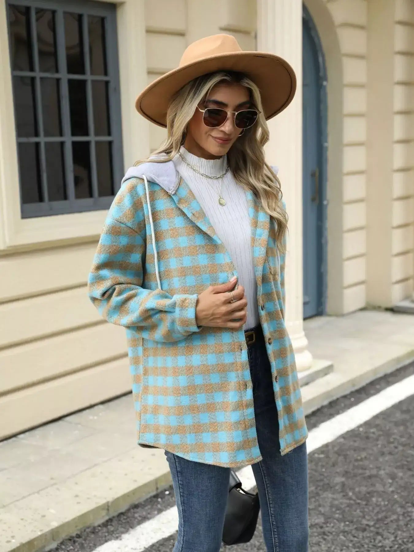 Plaid Button Up Long Sleeve Drawstring Hooded Jacket - Bela Fils BoutiqueBela Fils Boutique