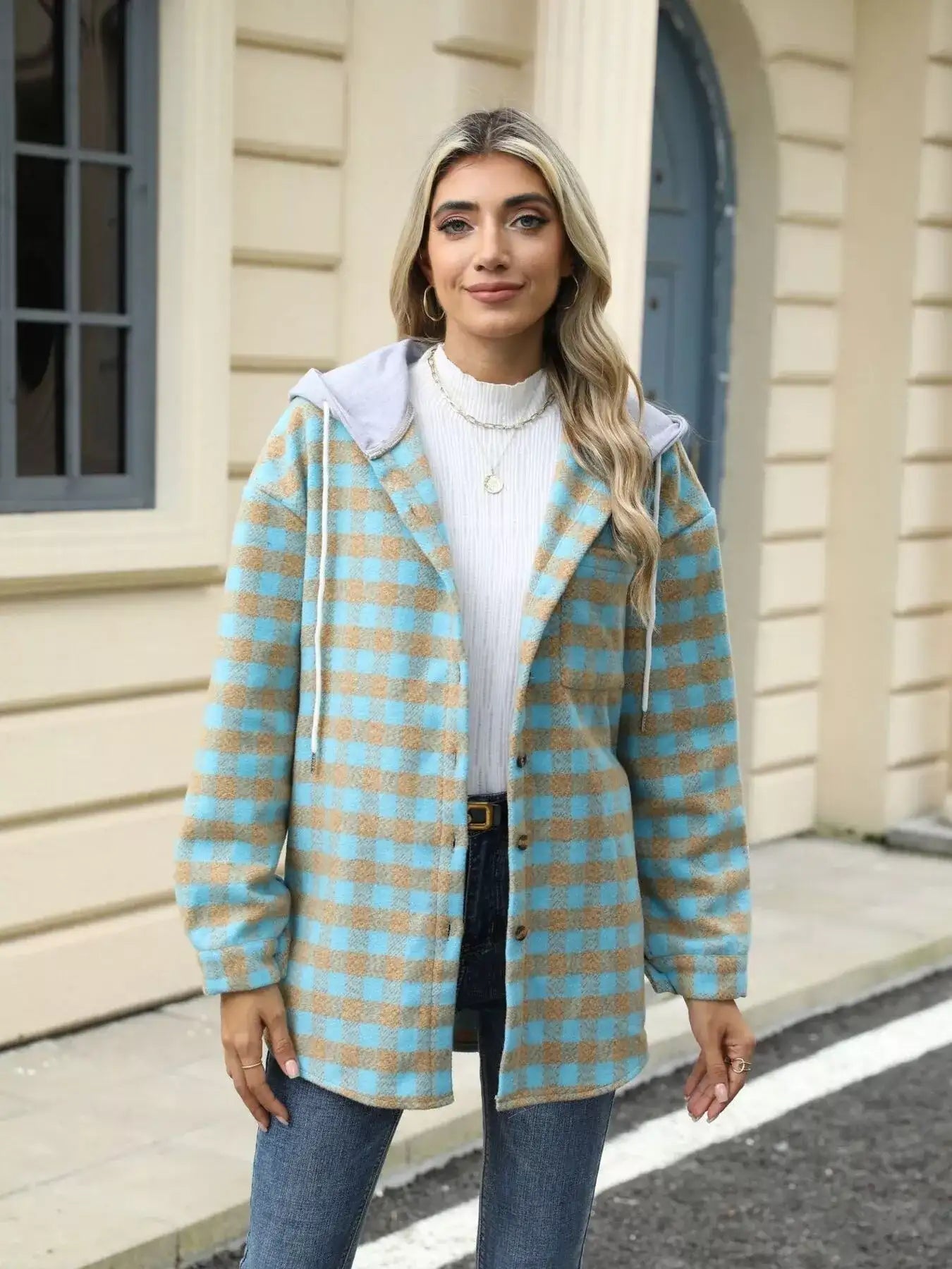 Plaid Button Up Long Sleeve Drawstring Hooded Jacket - Bela Fils BoutiqueBela Fils Boutique