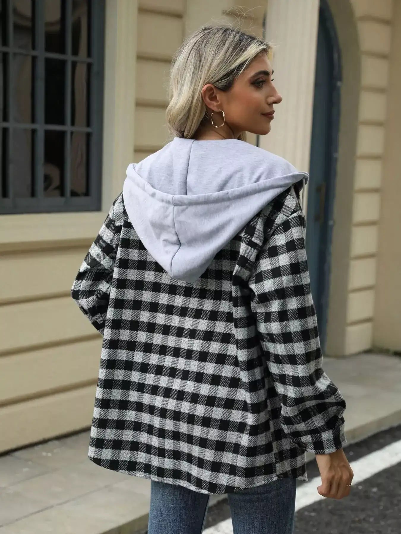 Plaid Button Up Long Sleeve Drawstring Hooded Jacket - Bela Fils BoutiqueBela Fils Boutique