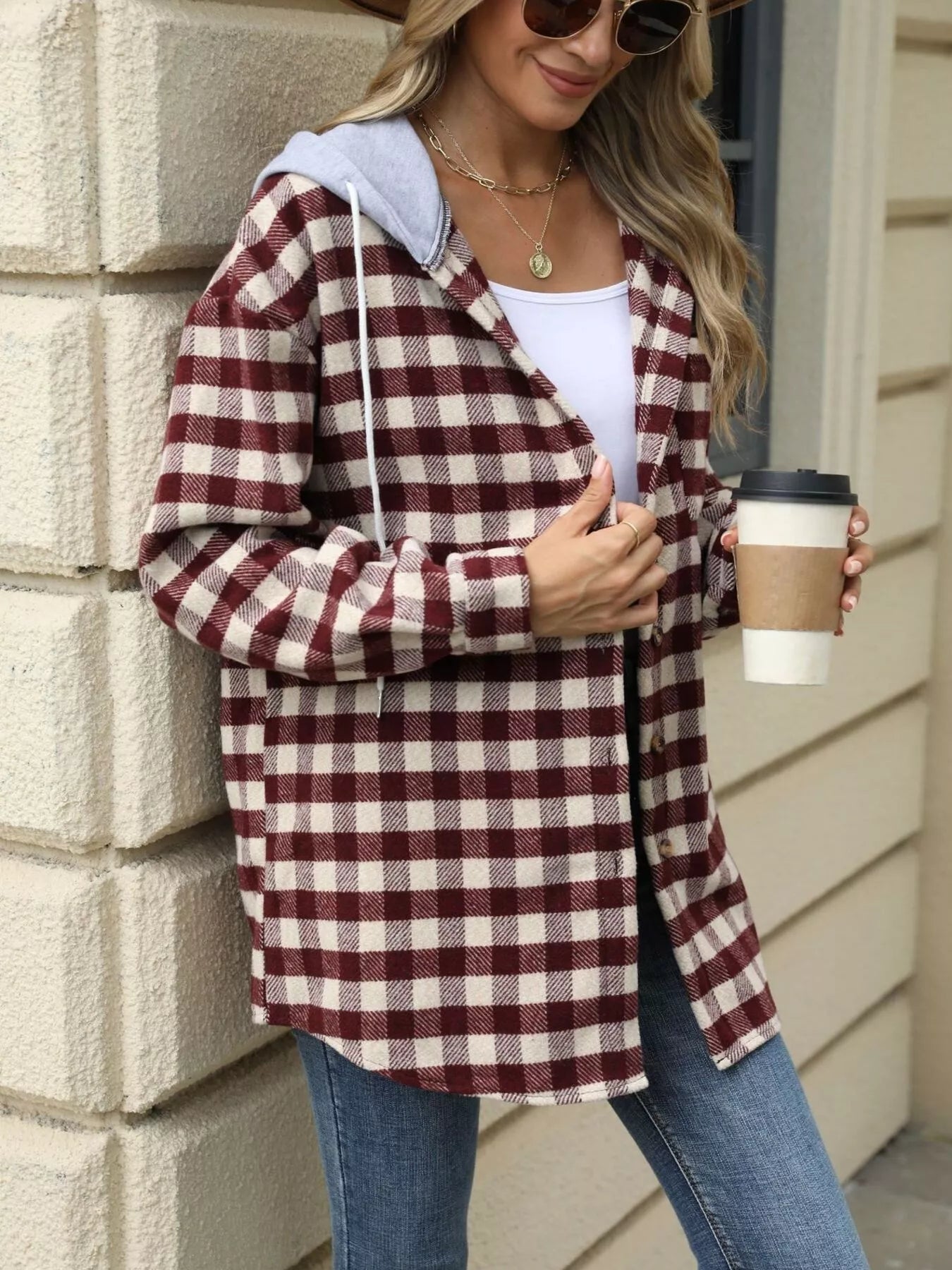 Plaid Button Up Long Sleeve Drawstring Hooded Jacket - Bela Fils BoutiqueBela Fils Boutique