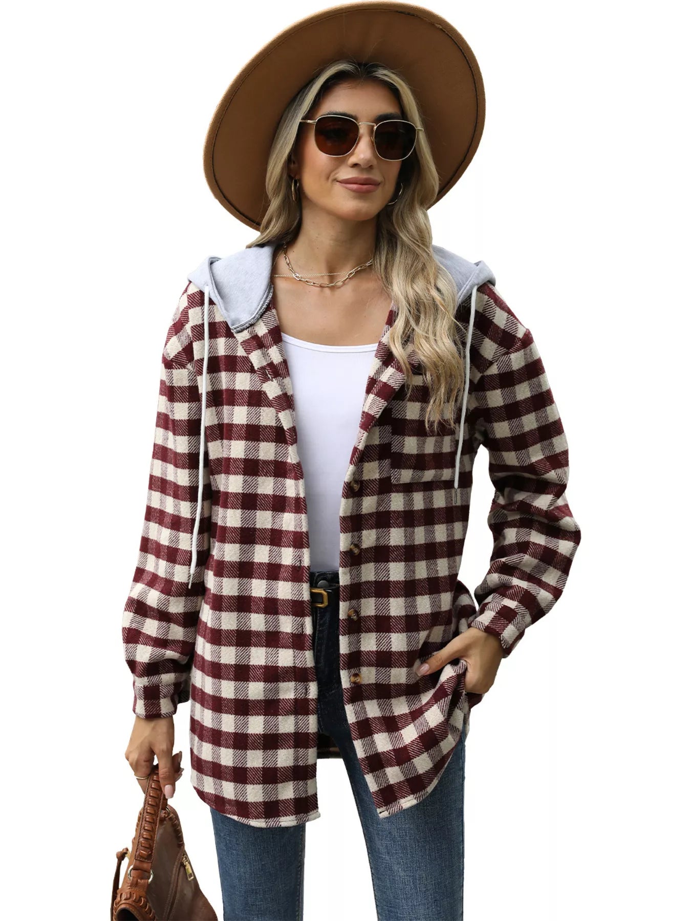 Plaid Button Up Long Sleeve Drawstring Hooded Jacket - Bela Fils BoutiqueBela Fils Boutique