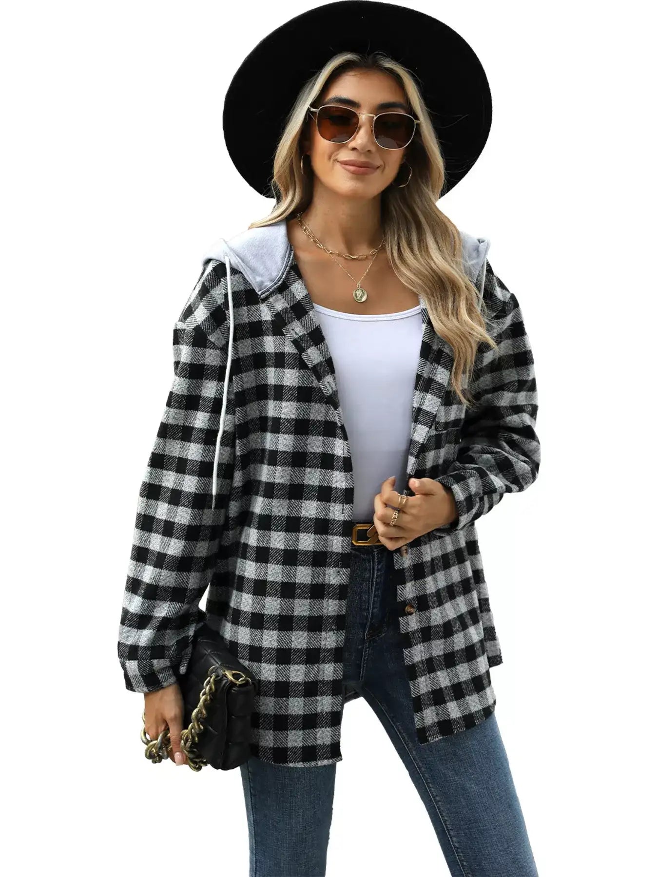 Plaid Button Up Long Sleeve Drawstring Hooded Jacket - Bela Fils BoutiqueBela Fils Boutique