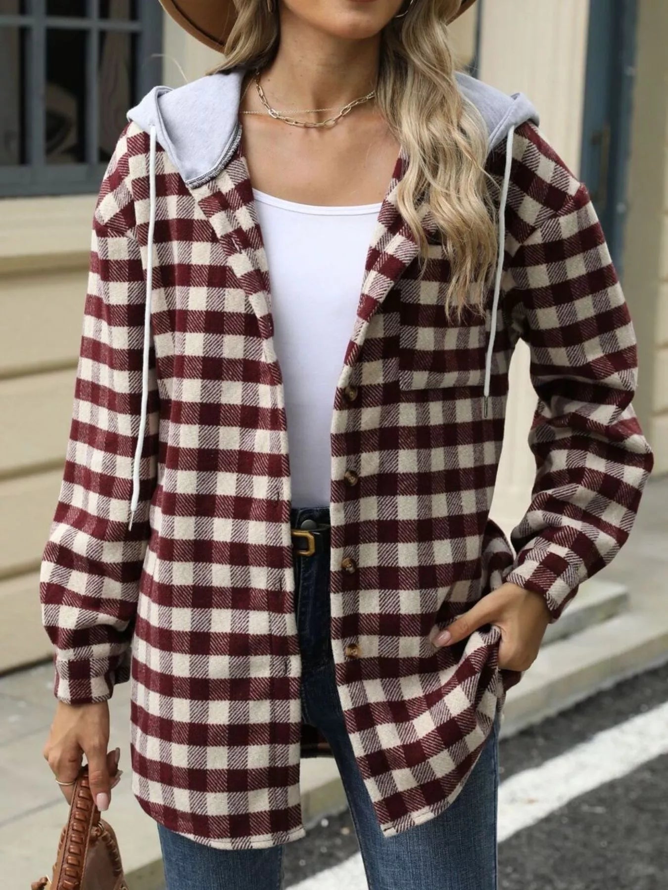 Plaid Button Up Long Sleeve Drawstring Hooded Jacket - Bela Fils BoutiqueBela Fils Boutique
