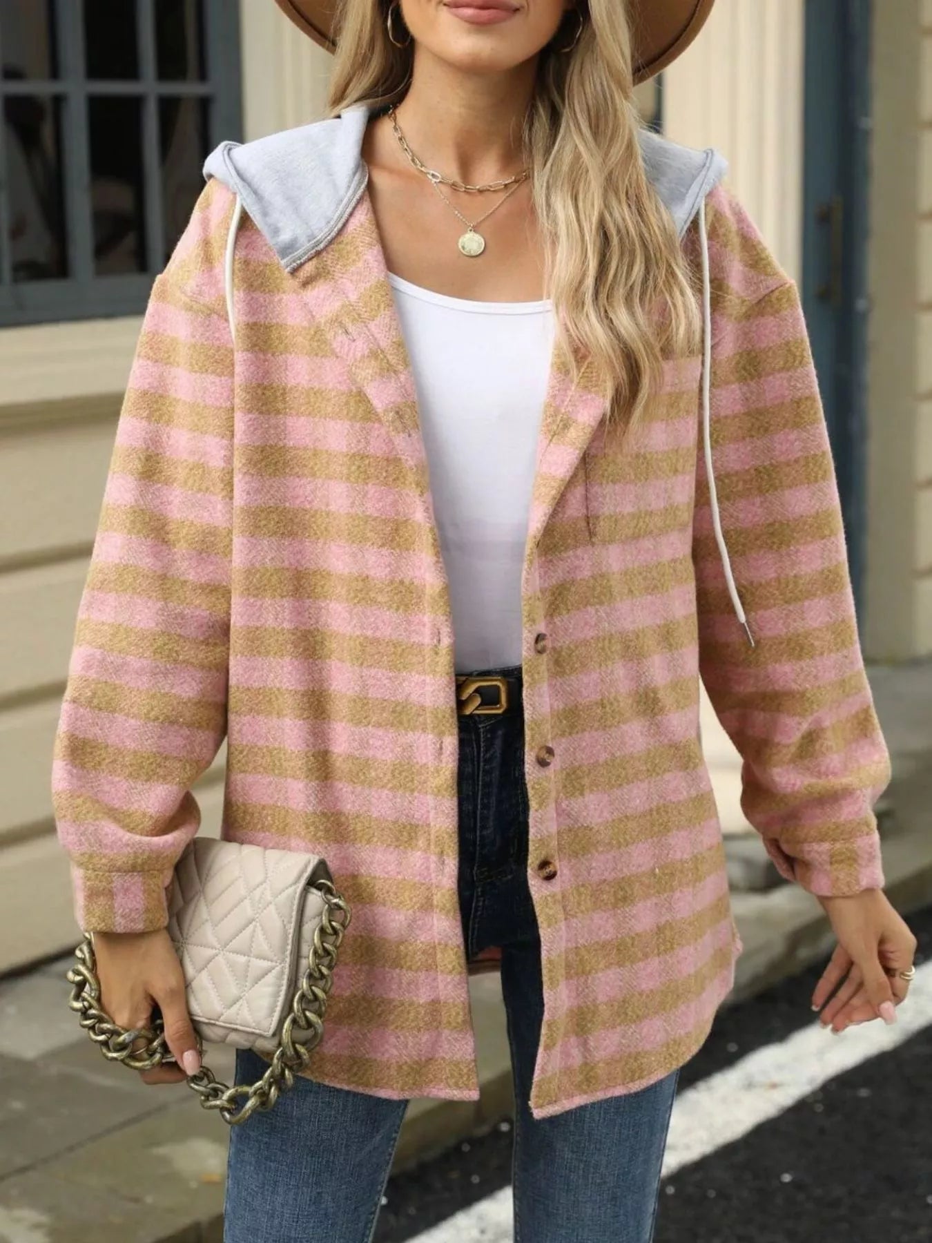 Plaid Button Up Long Sleeve Drawstring Hooded Jacket - Bela Fils BoutiqueBela Fils Boutique