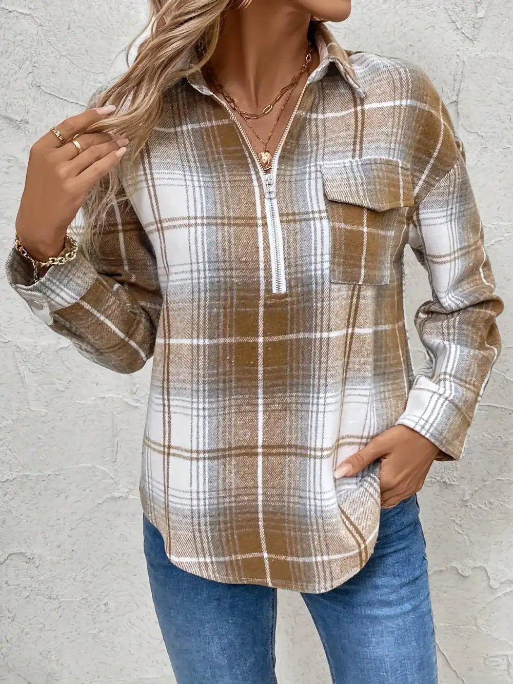 Plaid Collared Neck Half Zip Long Sleeve Top - Bela Fils BoutiqueBela Fils Boutique