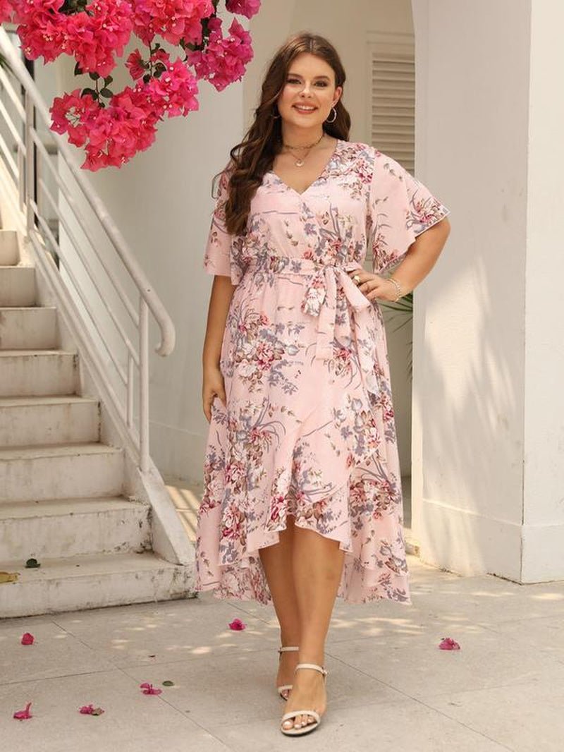Plus Size Floral Print Ruffle Hem Belted Wrap a Line Dress, Boho Butterfly Sleeve V Neck High Low Midi Dress, Women Clothing for Spring & Fall - Bela Fils BoutiqueBela Fils Boutique