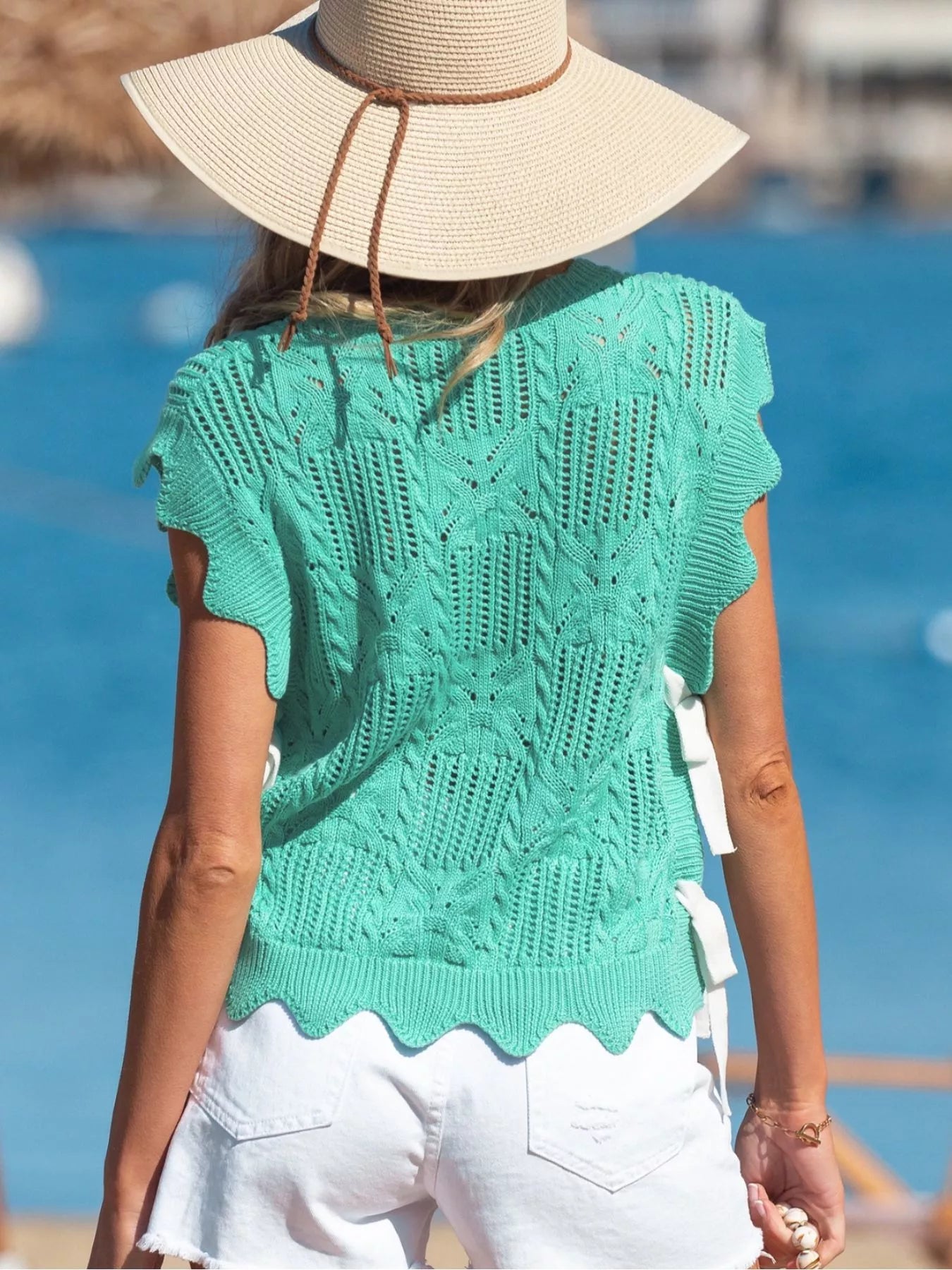 Pointelle Knit Patterned Scalloped Trim Short Sleeve Sweater - Bela Fils BoutiqueBela Fils Boutique