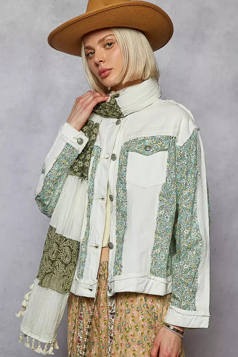 POL Button Down Patchwork Denim Jacket with Floral Print Details - Bela Fils BoutiqueBela Fils Boutique