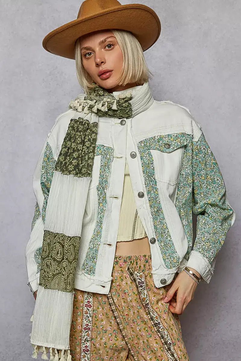 POL Button Down Patchwork Denim Jacket with Floral Print Details - Bela Fils BoutiqueBela Fils Boutique
