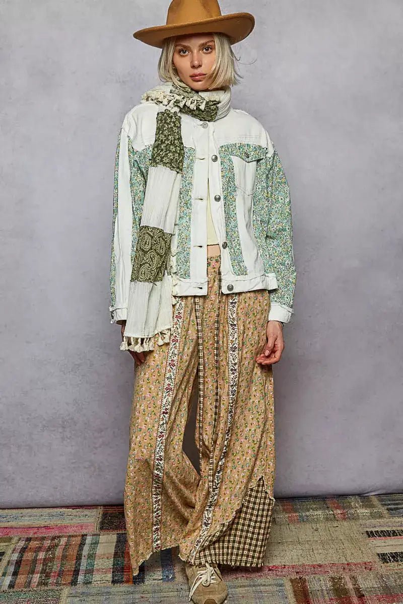 POL Button Down Patchwork Denim Jacket with Floral Print Details - Bela Fils BoutiqueBela Fils Boutique
