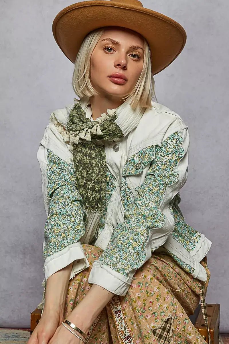POL Button Down Patchwork Denim Jacket with Floral Print Details - Bela Fils BoutiqueBela Fils Boutique