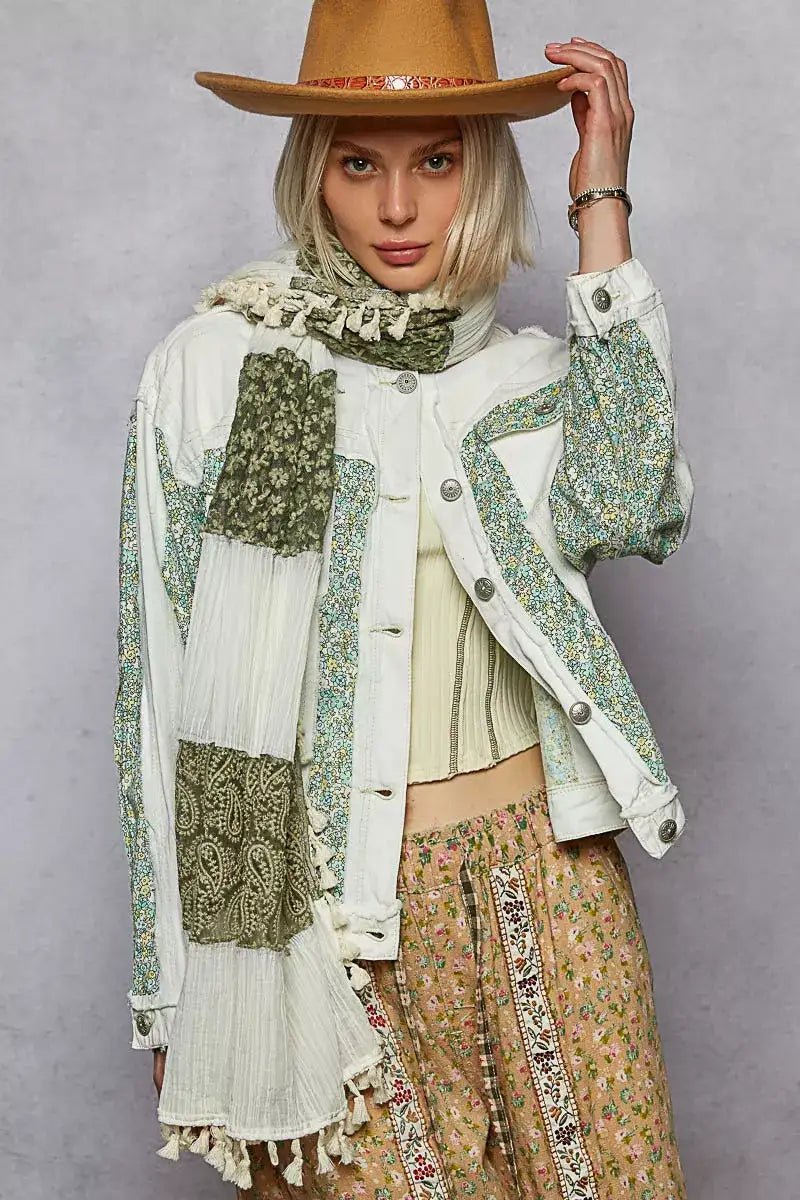 POL Button Down Patchwork Denim Jacket with Floral Print Details - Bela Fils BoutiqueBela Fils Boutique