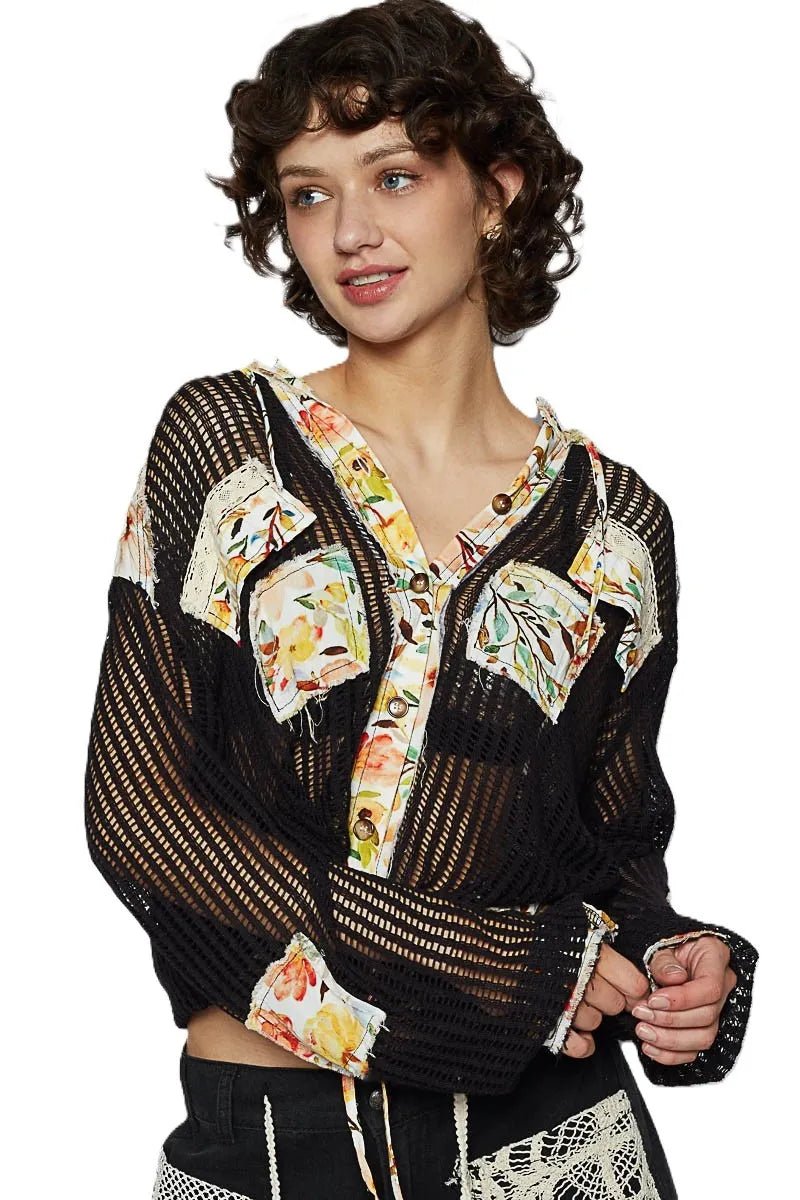 POL Vintage Washed Crochet Hoodie Jacket With Patchwork - Bela Fils BoutiqueBela Fils Boutique