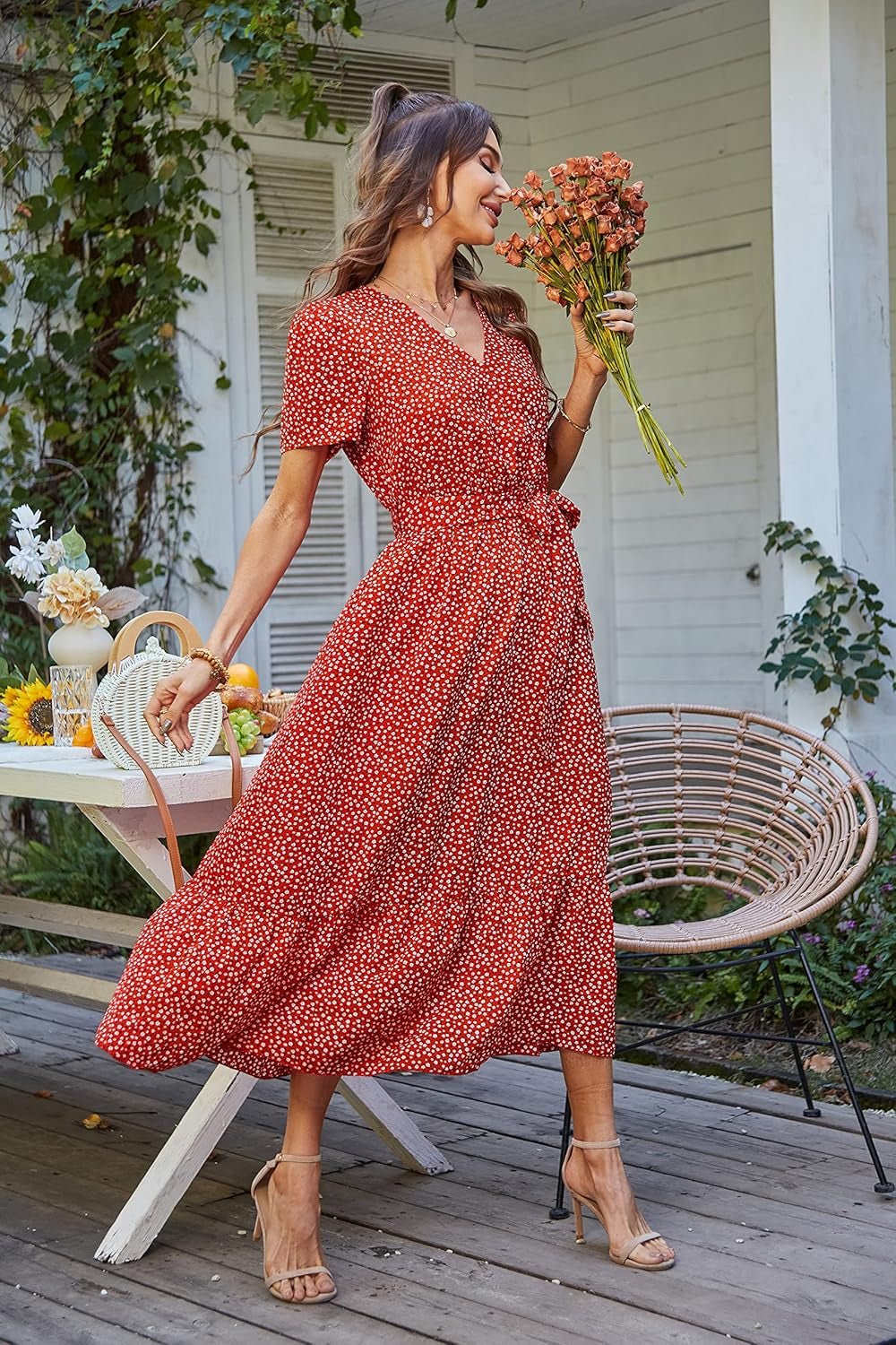 PRETTYGARDEN Women'S Summer Floral Boho Maxi Dress Short Sleeve Wrap V Neck Ruffle Long Flowy Beach Wedding Guest Dresses - Bela Fils BoutiqueBela Fils Boutique