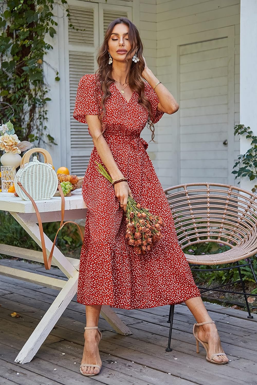 PRETTYGARDEN Women'S Summer Floral Boho Maxi Dress Short Sleeve Wrap V Neck Ruffle Long Flowy Beach Wedding Guest Dresses - Bela Fils BoutiqueBela Fils Boutique