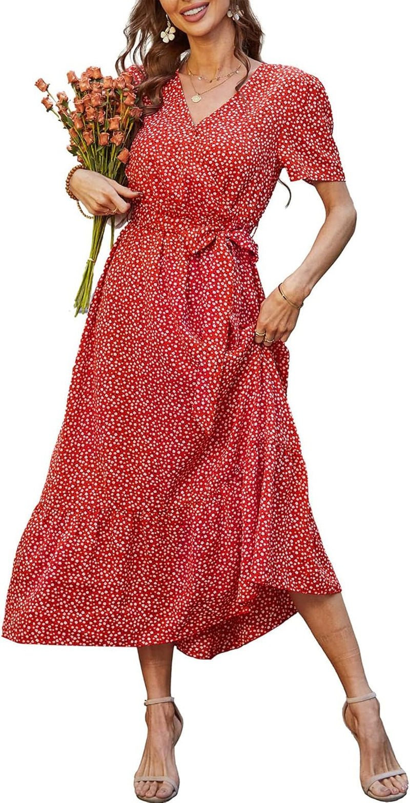 PRETTYGARDEN Women'S Summer Floral Boho Maxi Dress Short Sleeve Wrap V Neck Ruffle Long Flowy Beach Wedding Guest Dresses - Bela Fils BoutiqueBela Fils Boutique