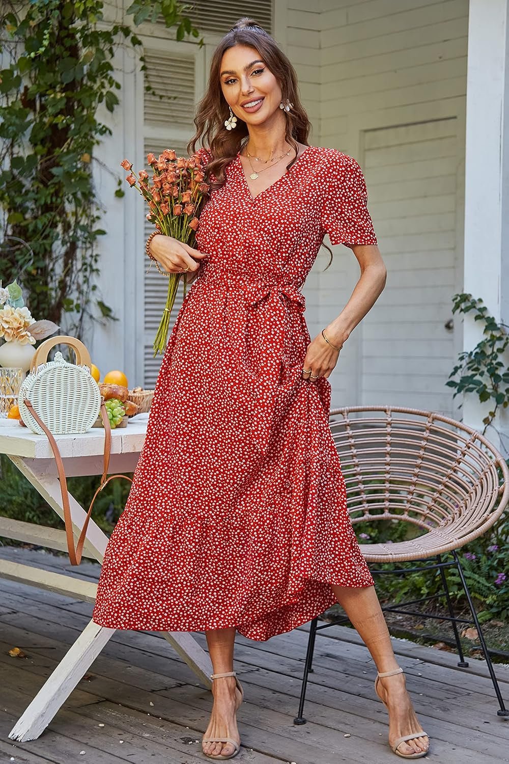 PRETTYGARDEN Women'S Summer Floral Boho Maxi Dress Short Sleeve Wrap V Neck Ruffle Long Flowy Beach Wedding Guest Dresses - Bela Fils BoutiqueBela Fils Boutique