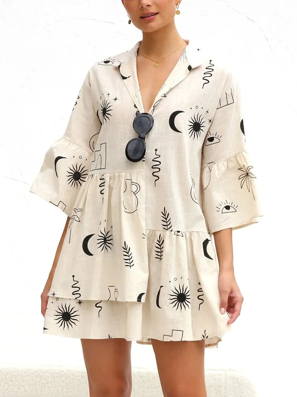Printed Collared Neck Three - Quarter Sleeve Mini Dress - Bela Fils BoutiqueBela Fils Boutique