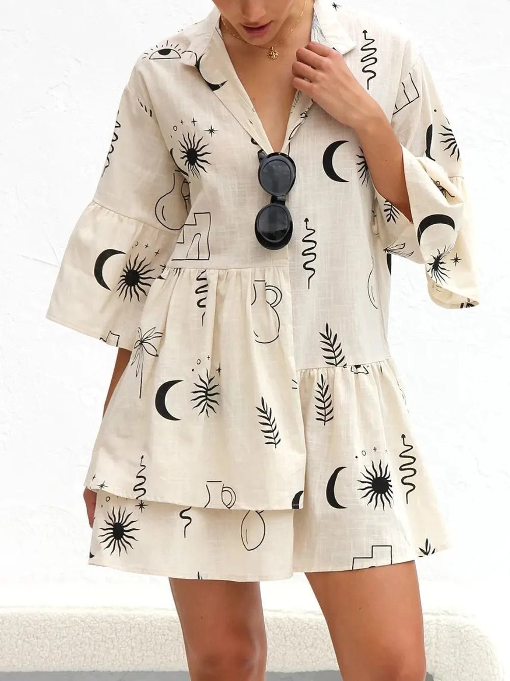 Printed Collared Neck Three - Quarter Sleeve Mini Dress - Bela Fils BoutiqueBela Fils Boutique