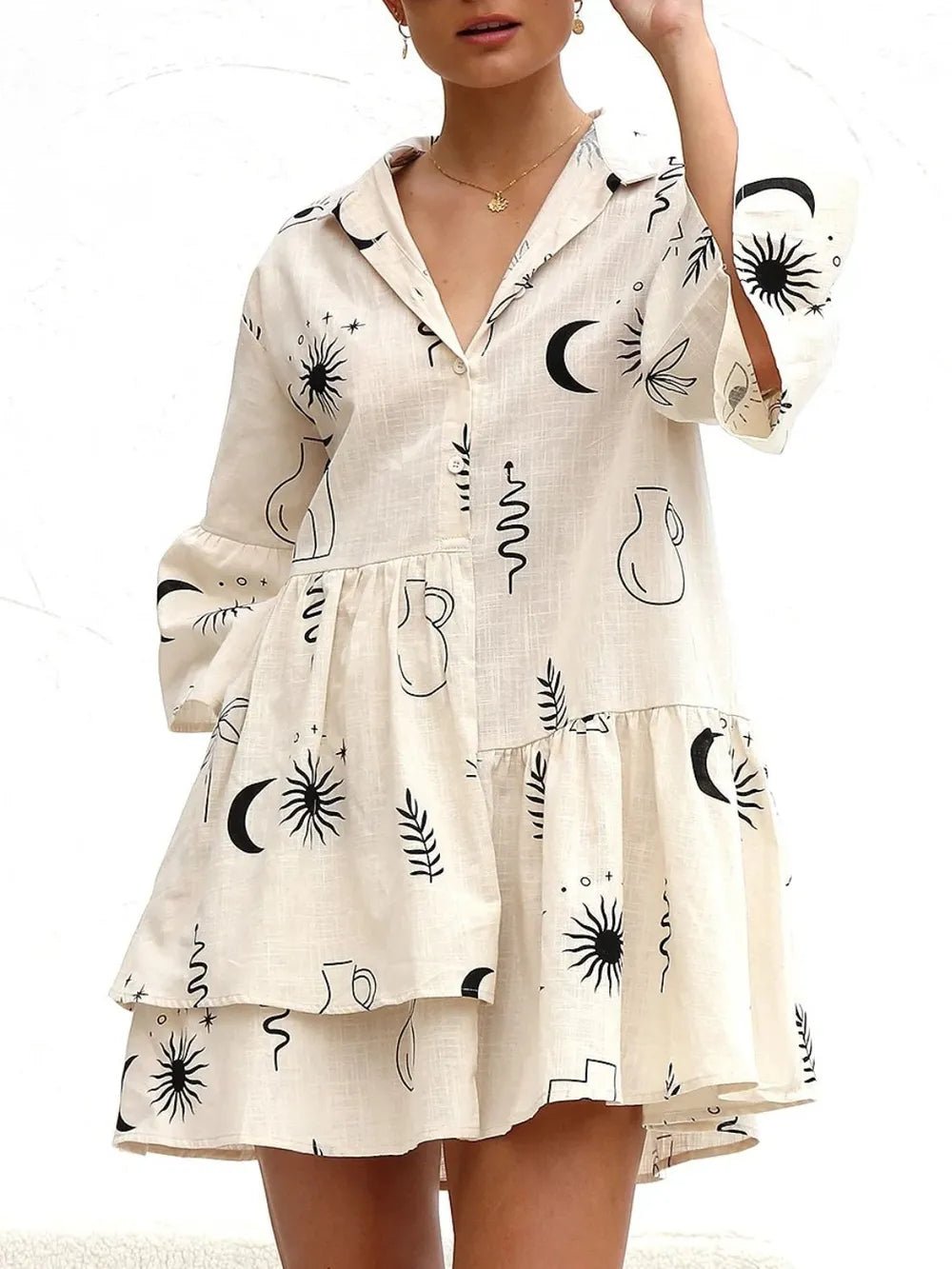 Printed Collared Neck Three - Quarter Sleeve Mini Dress - Bela Fils BoutiqueBela Fils Boutique