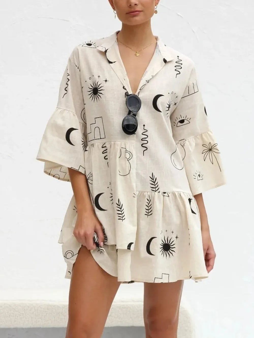 Printed Collared Neck Three - Quarter Sleeve Mini Dress - Bela Fils BoutiqueBela Fils Boutique