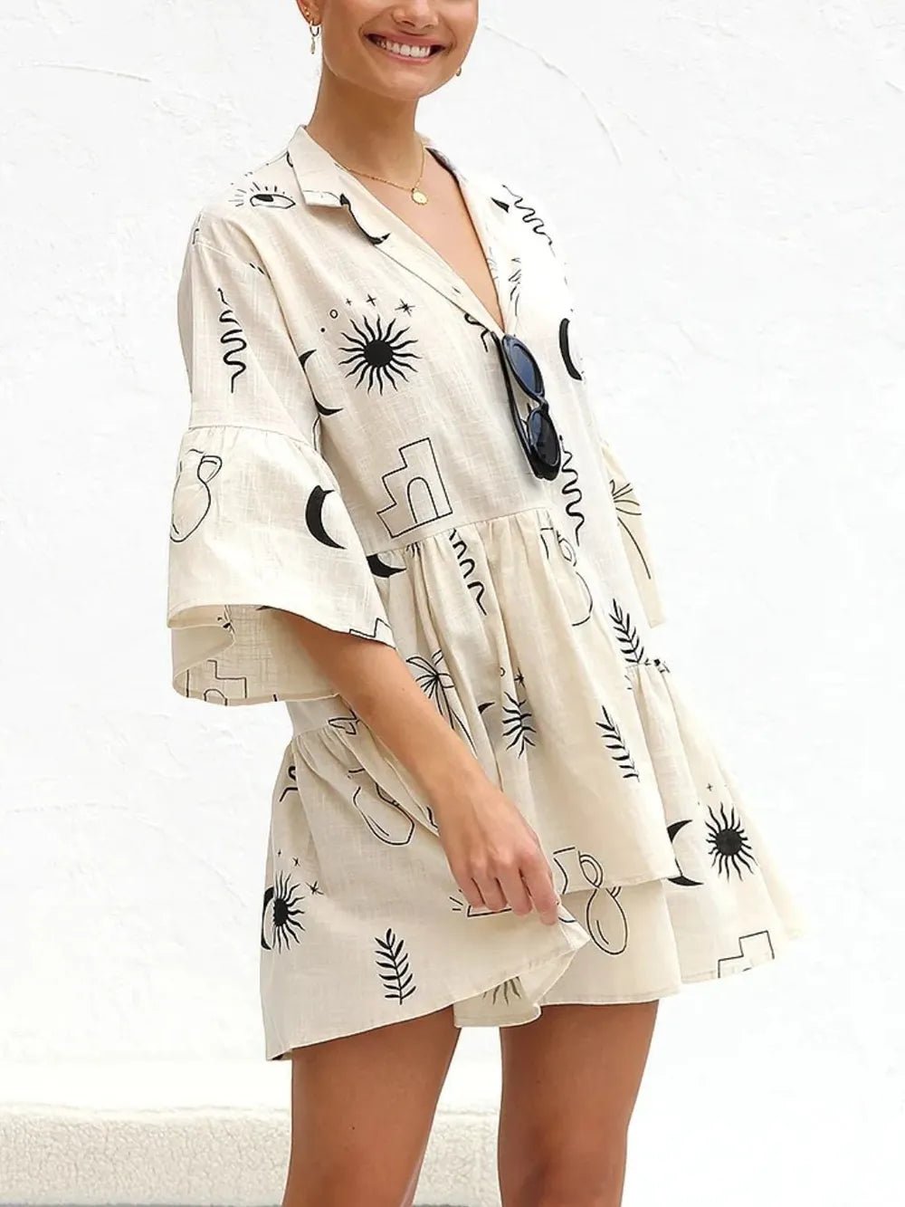 Printed Collared Neck Three - Quarter Sleeve Mini Dress - Bela Fils BoutiqueBela Fils Boutique