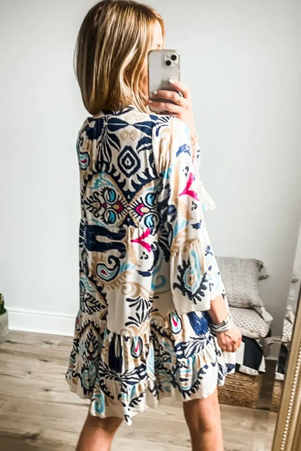Printed Notched Three - Quarter Sleeve Mini Dress - Bela Fils BoutiqueBela Fils Boutique