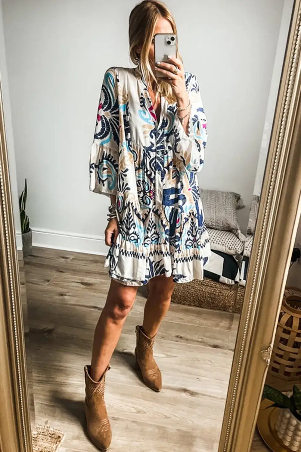 Printed Notched Three - Quarter Sleeve Mini Dress - Bela Fils BoutiqueBela Fils Boutique