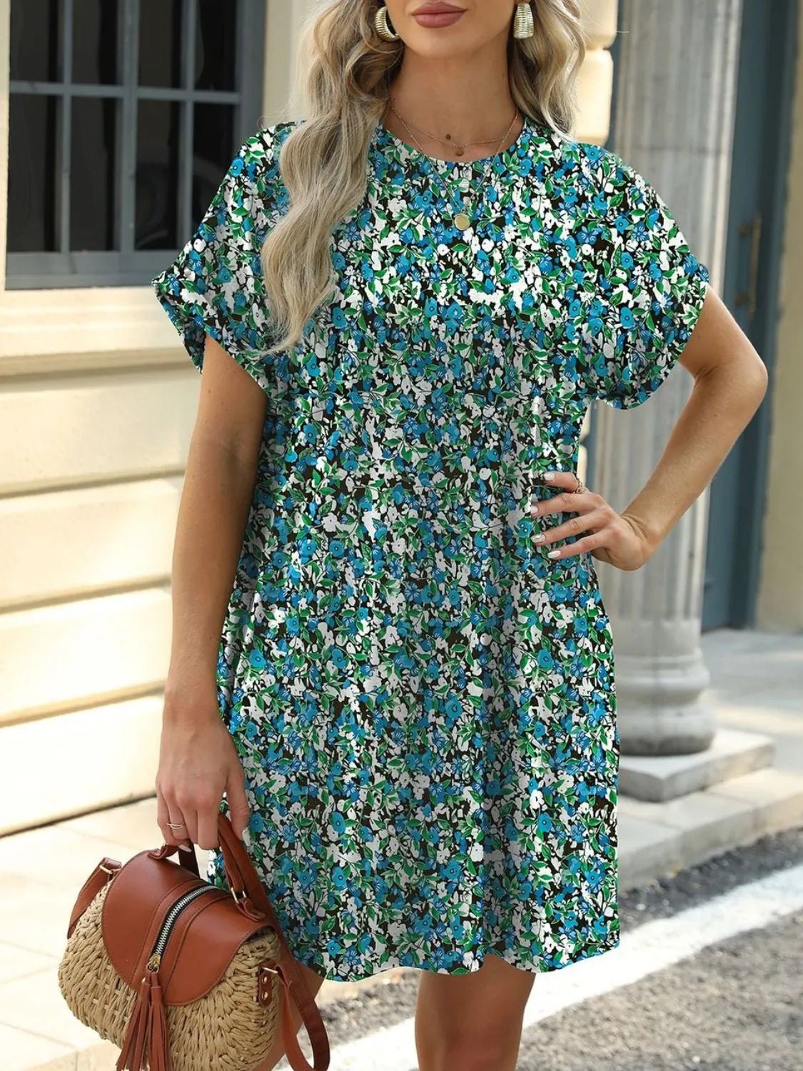 Printed Round Neck Short Sleeve Mini Dress - Bela Fils BoutiqueBela Fils Boutique