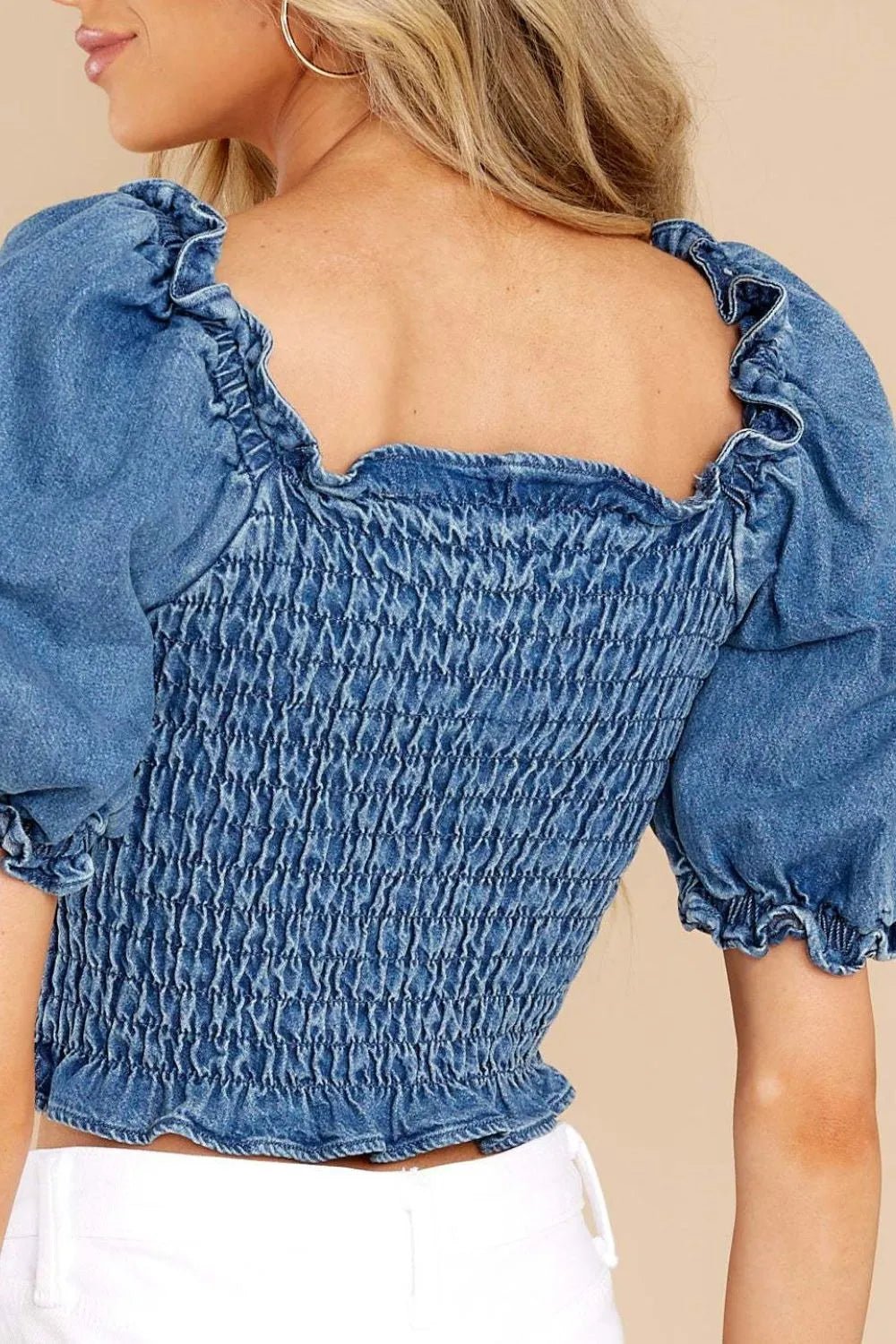 Puff Sleeve Smocked Cropped Denim Top - Bela Fils BoutiqueBela Fils Boutique