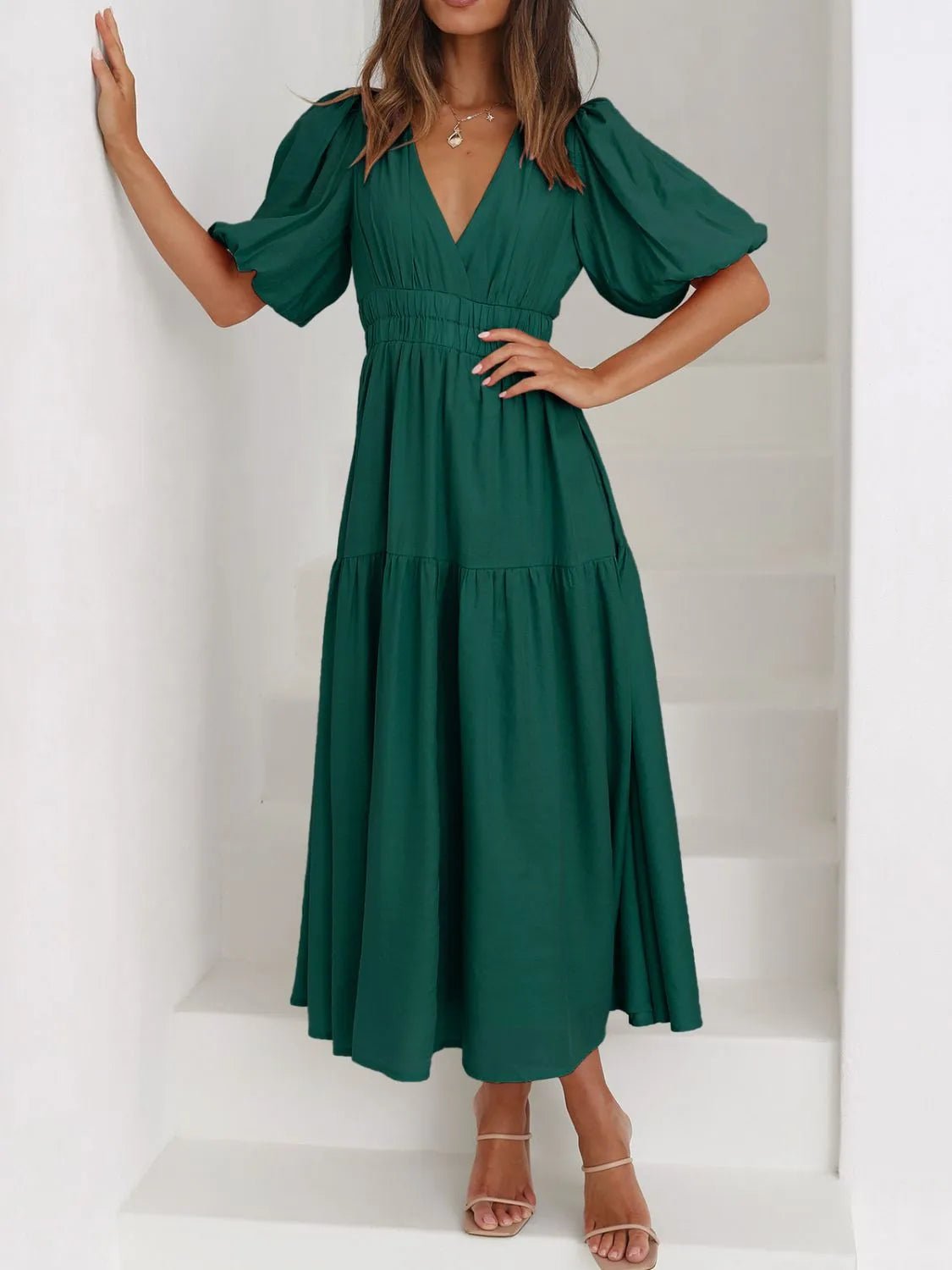 Puff Sleeve V - Neckline Midi Dress for Women - Bela Fils BoutiqueBela Fils Boutique