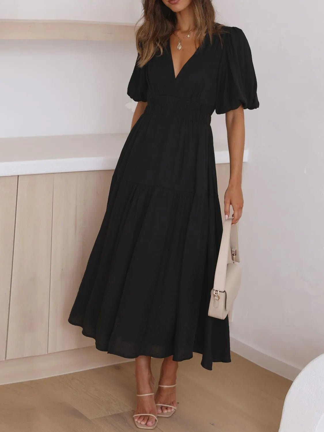 Puff Sleeve V - Neckline Midi Dress for Women - Bela Fils BoutiqueBela Fils Boutique