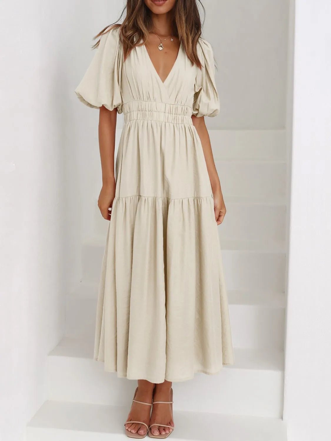 Puff Sleeve V - Neckline Midi Dress for Women - Bela Fils BoutiqueBela Fils Boutique