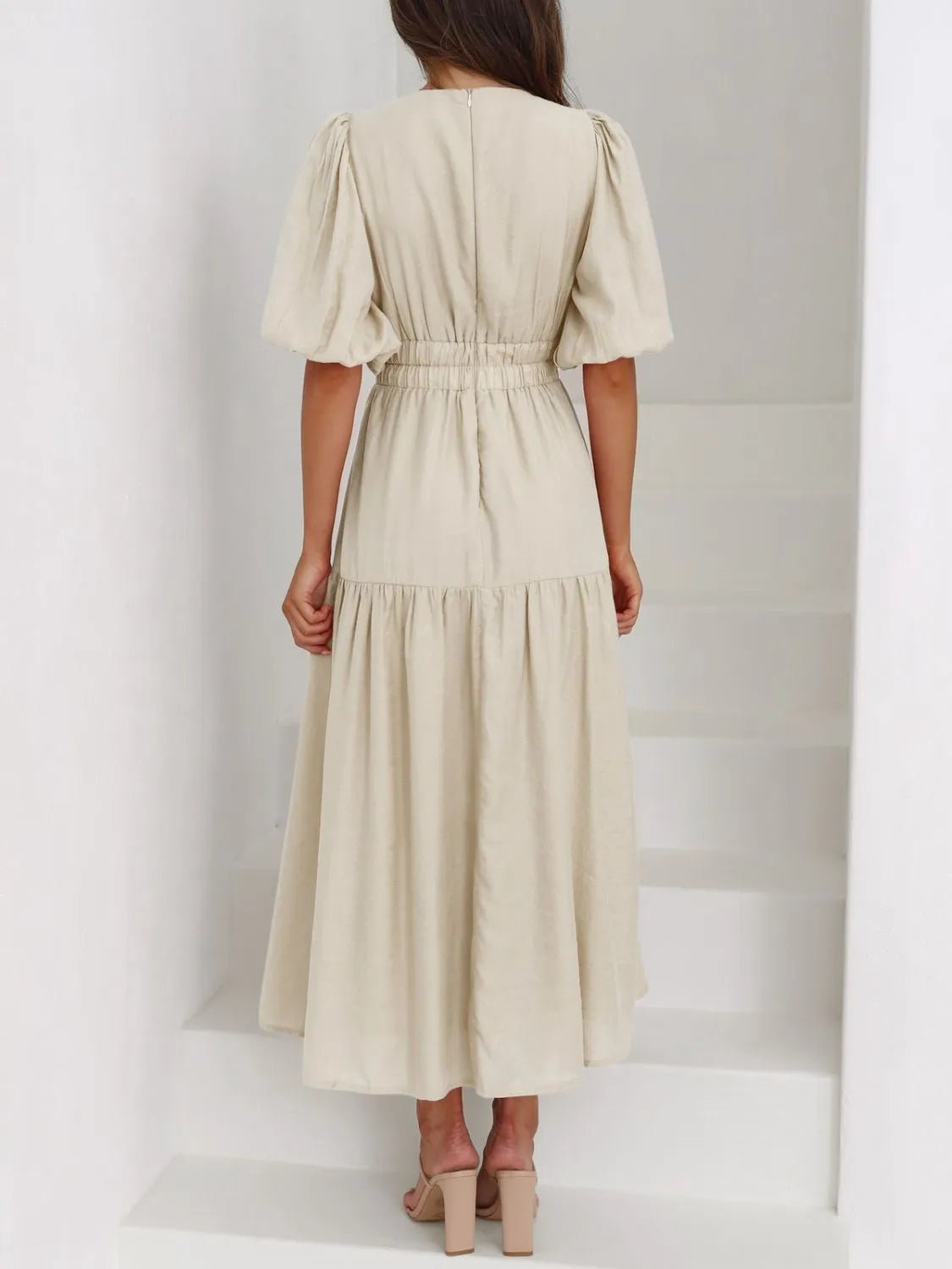 Puff Sleeve V - Neckline Midi Dress for Women - Bela Fils BoutiqueBela Fils Boutique